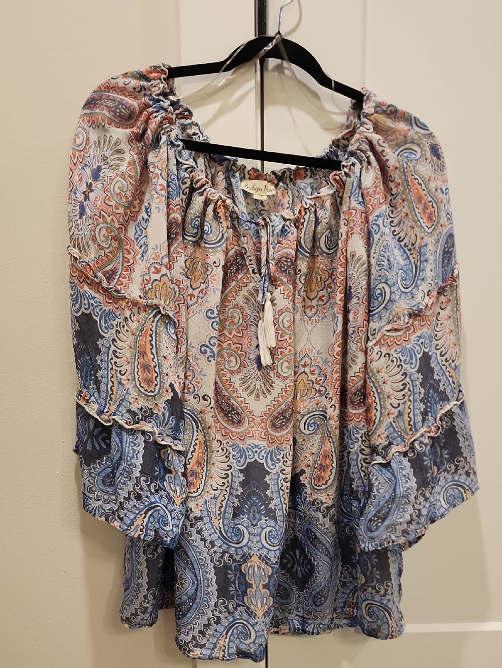 Paisley Peasant Blouse - Indigo & Coral